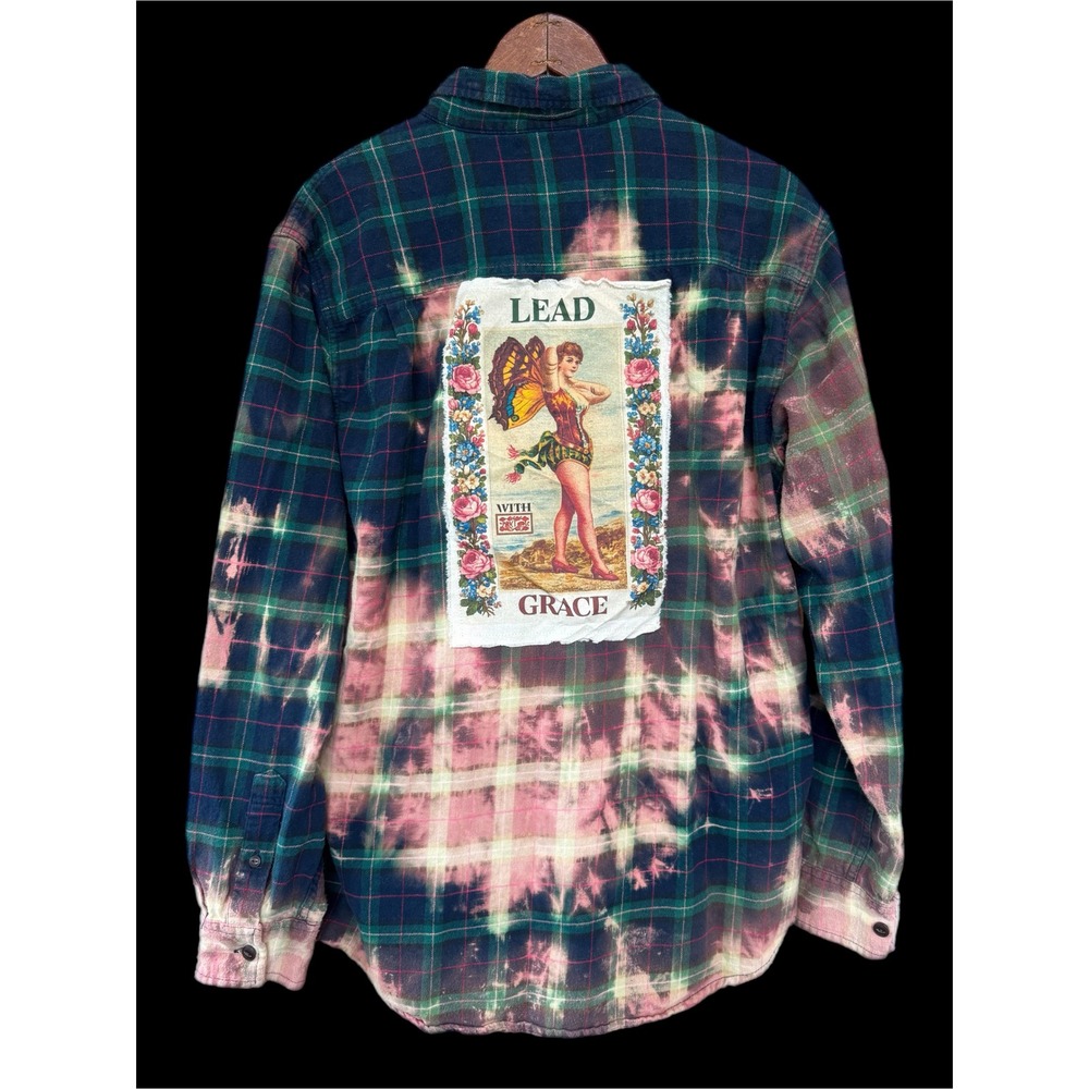 OOAK Bleached Plaid Flannel Shirt Lead With Grace Fairy Art‎ Large Cotton
